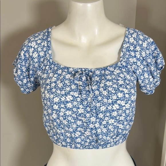 Reformation Azzuro Floral Peasant Crop Top Blue White Crop Scoop Neck Shirt Sz 6 - Picture 1 of 8